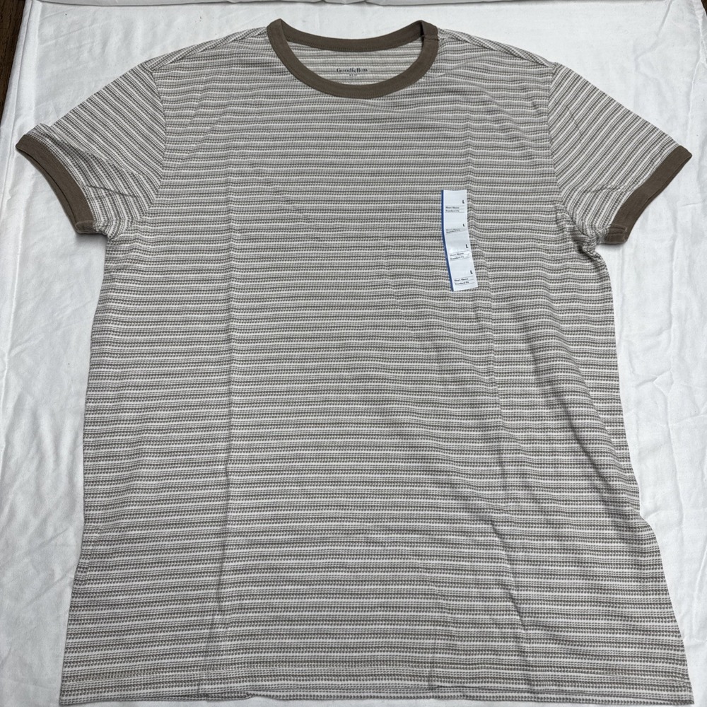 NWT Goodfellow & Co Men's Size L White/Brown Stripe T-Shirt.